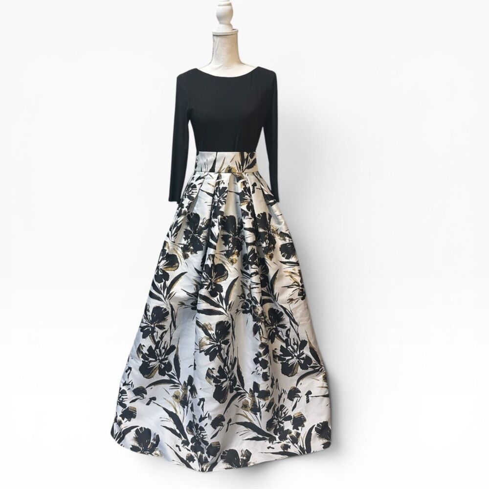 Eliza J Mixed Media Metallic Jacquard Ball Gown Black Floral Formal Dress Size 6